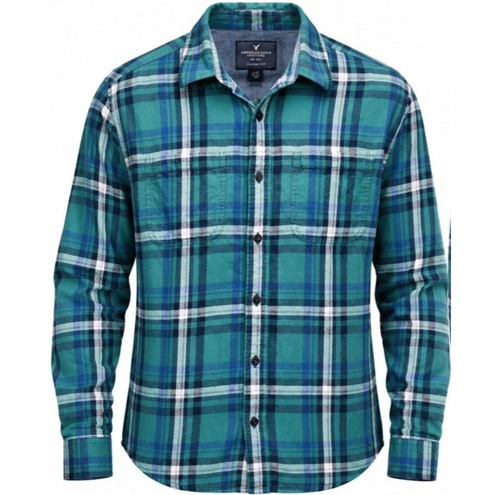 American Eagle Men’s Shirt L/G Classic Fit Green Blue Plaid Cotton